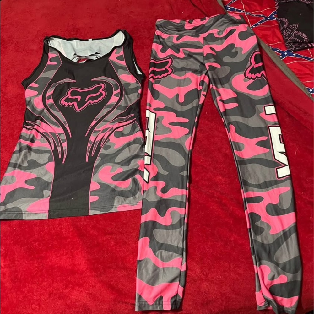 Fox Racing Pink and Black Camo Tank and Leggings Set